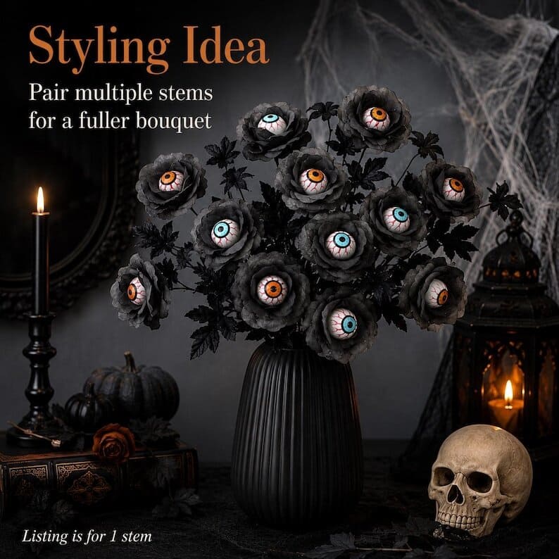 Halloween Eyeball Rose Bouquet – Spooky Artificial Roses for Gothic Decor (10 Pieces)