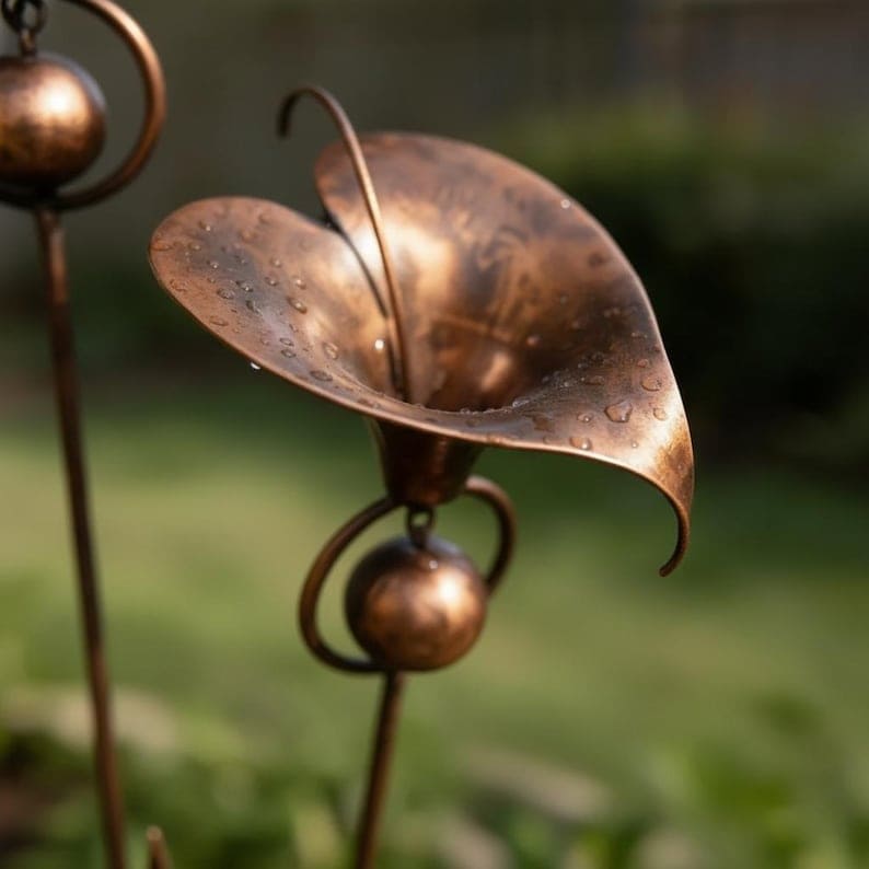 Flamed Copper Calla Lily Garden Stake with Wind Chimes