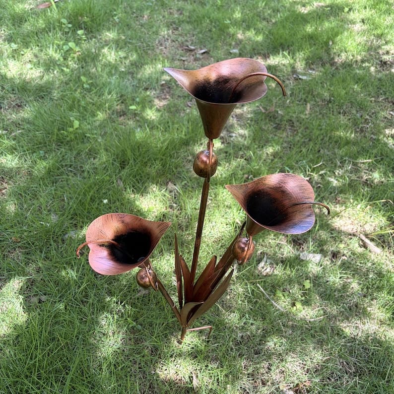 Flamed Copper Calla Lily Garden Stake with Wind Chimes