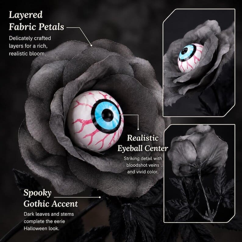 Halloween Eyeball Rose Bouquet – Spooky Artificial Roses for Gothic Decor (10 Pieces)