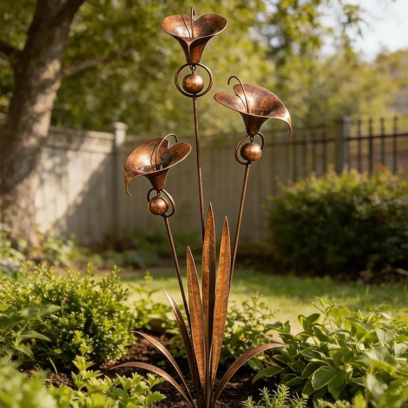 Flamed Copper Calla Lily Garden Stake with Wind Chimes
