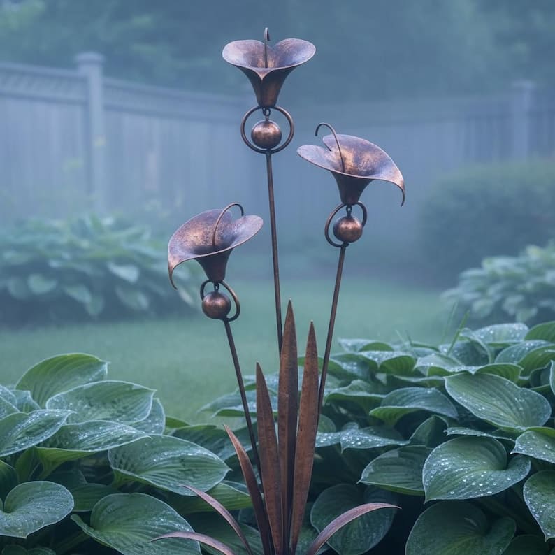 Flamed Copper Calla Lily Garden Stake with Wind Chimes