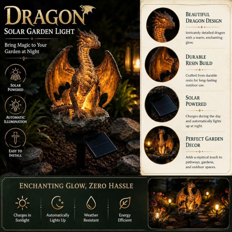 Solar-Drachen-Gartenleuchte – LED-Gartenstatue im Fantasy-Stil