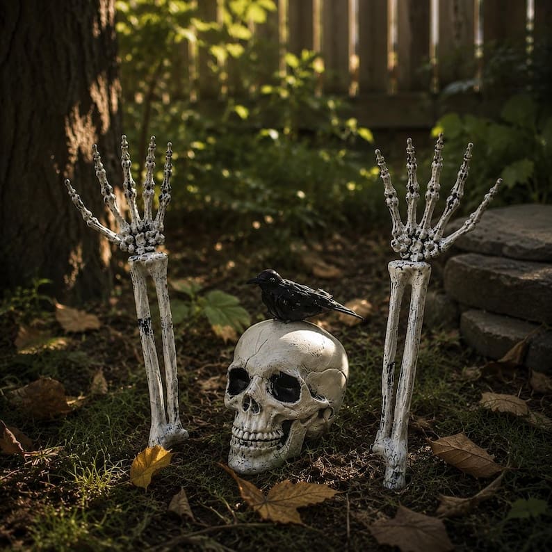 Halloween Skeleton Lawn Stakes – Realistic Skull & Crawling Hand Graveyard Decor