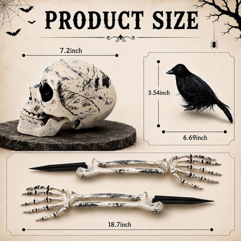 Halloween Skeleton Lawn Stakes – Realistic Skull & Crawling Hand Graveyard Decor