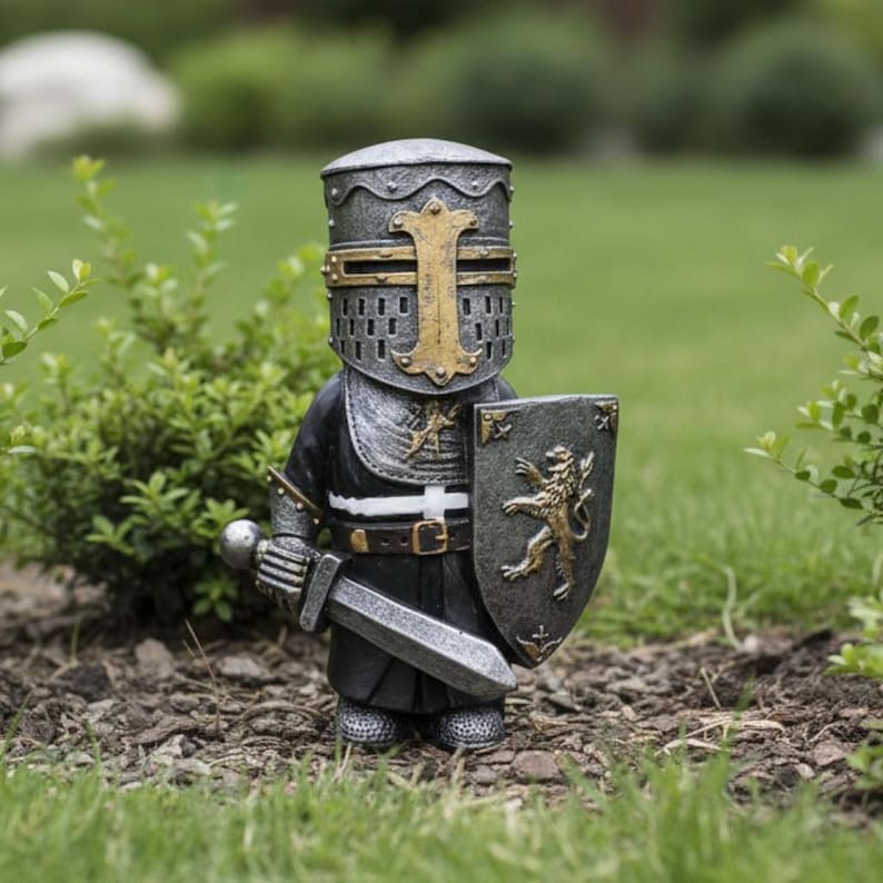 Knight Garden Gnome Statue – Medieval Fantasy Outdoor Yard Decor