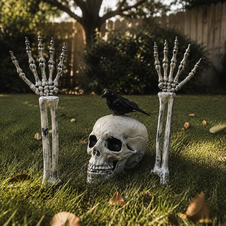 Halloween Skeleton Lawn Stakes – Realistic Skull & Crawling Hand Graveyard Decor