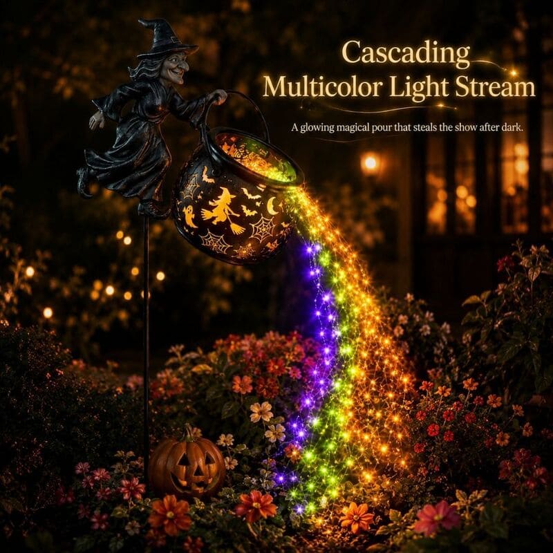Halloween Witch Cauldron Garden Light – Flying Witch Outdoor Yard Decor