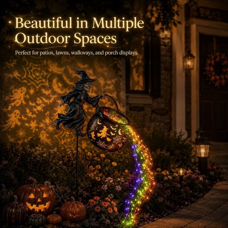 Halloween Witch Cauldron Garden Light – Flying Witch Outdoor Yard Decor