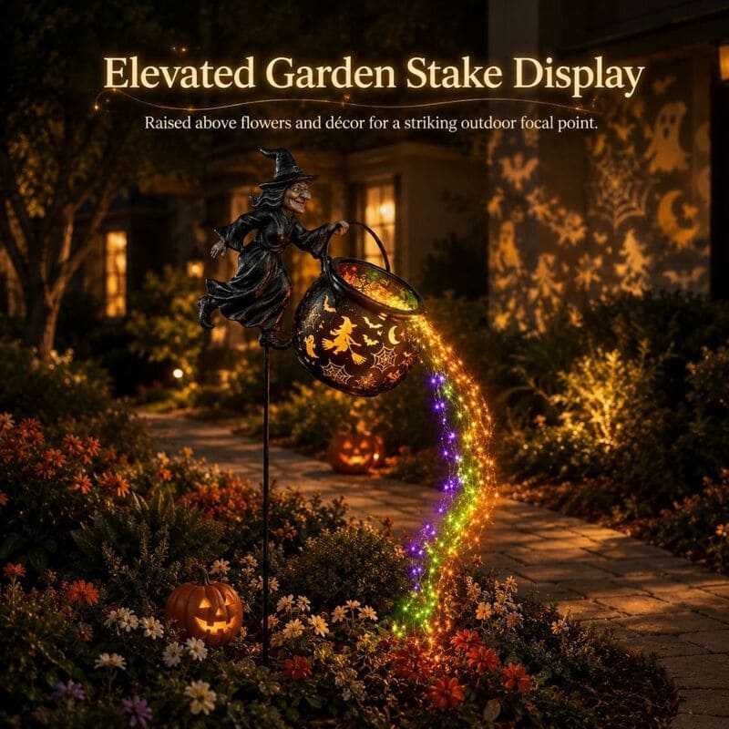 Halloween Witch Cauldron Garden Light – Flying Witch Outdoor Yard Decor