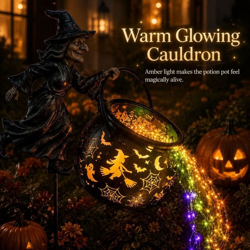Halloween Witch Cauldron Garden Light – Flying Witch Outdoor Yard Decor