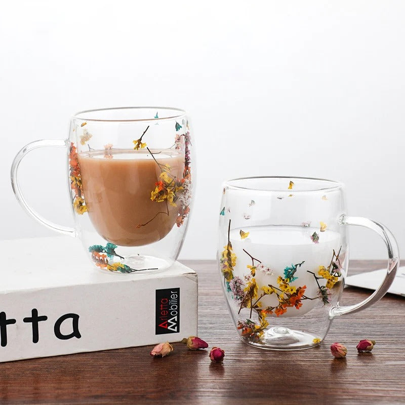Double-Wall Insulated Floral Glass Mug
