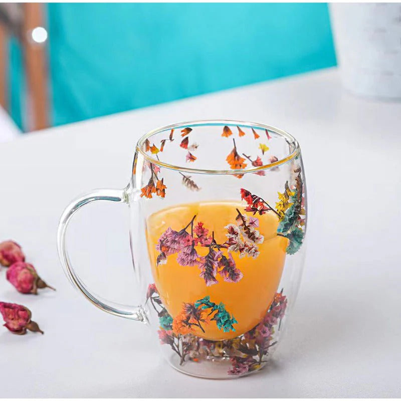 Double-Wall Insulated Floral Glass Mug