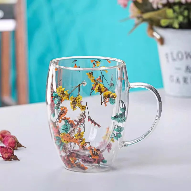 Double-Wall Insulated Floral Glass Mug