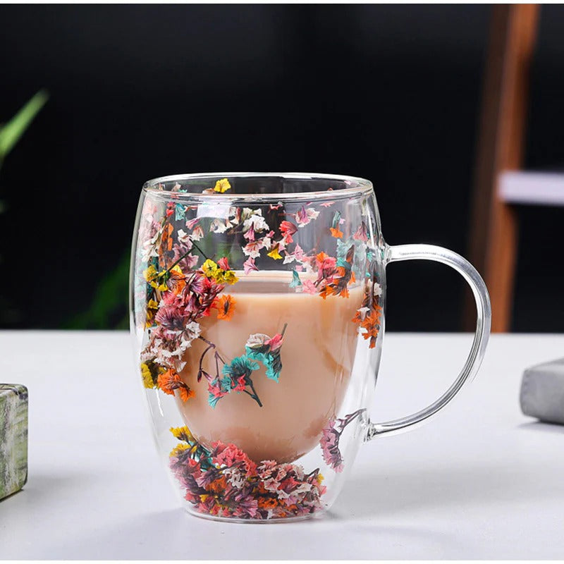 Double-Wall Insulated Floral Glass Mug