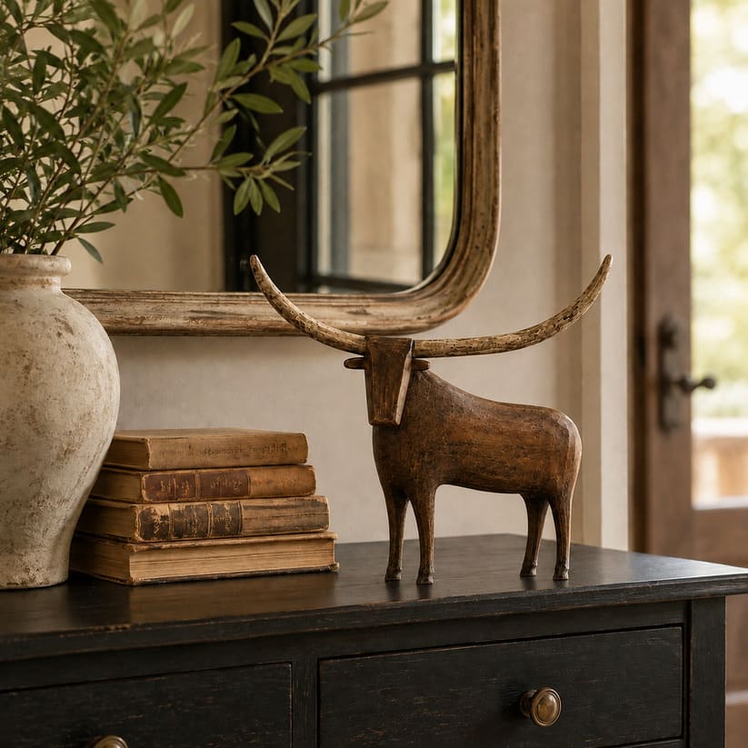 Vintage Longhorn Bull Sculpture With Rustic Wood-Carved Texture