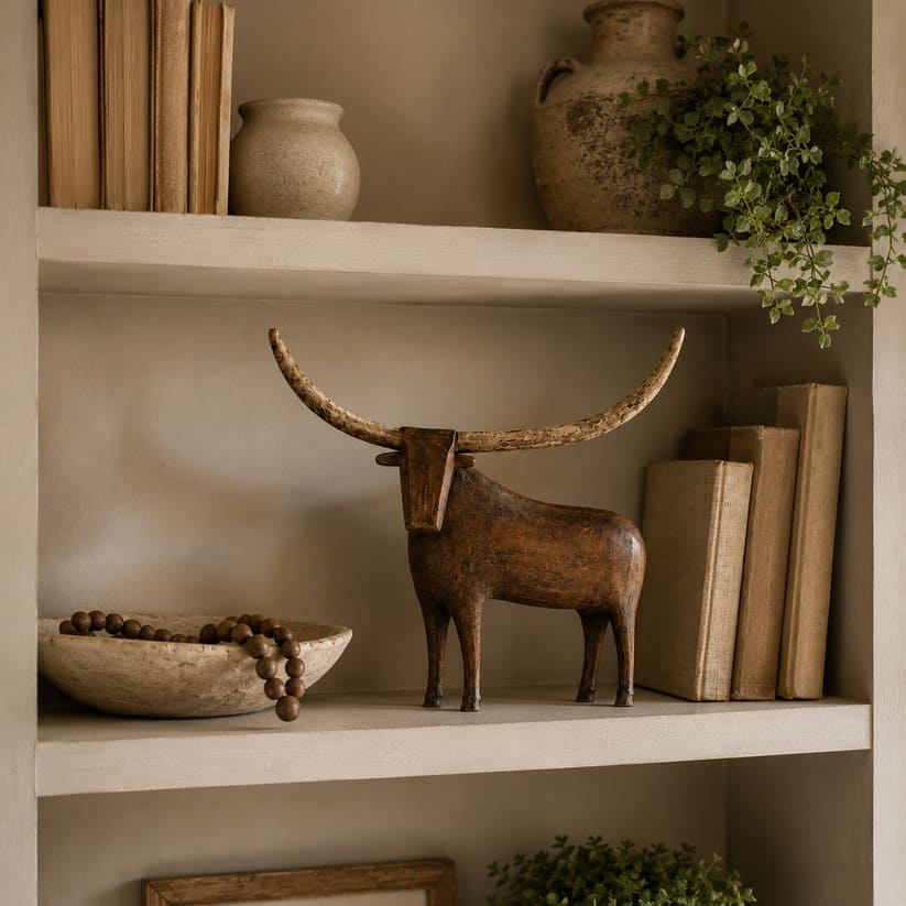 Vintage Longhorn Bull Sculpture With Rustic Wood-Carved Texture