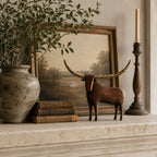 Vintage Longhorn Bull Sculpture With Rustic Wood-Carved Texture