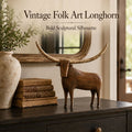 Vintage Longhorn Bull Sculpture With Rustic Wood-Carved Texture