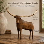Vintage Longhorn Bull Sculpture With Rustic Wood-Carved Texture