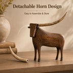 Vintage Longhorn Bull Sculpture With Rustic Wood-Carved Texture