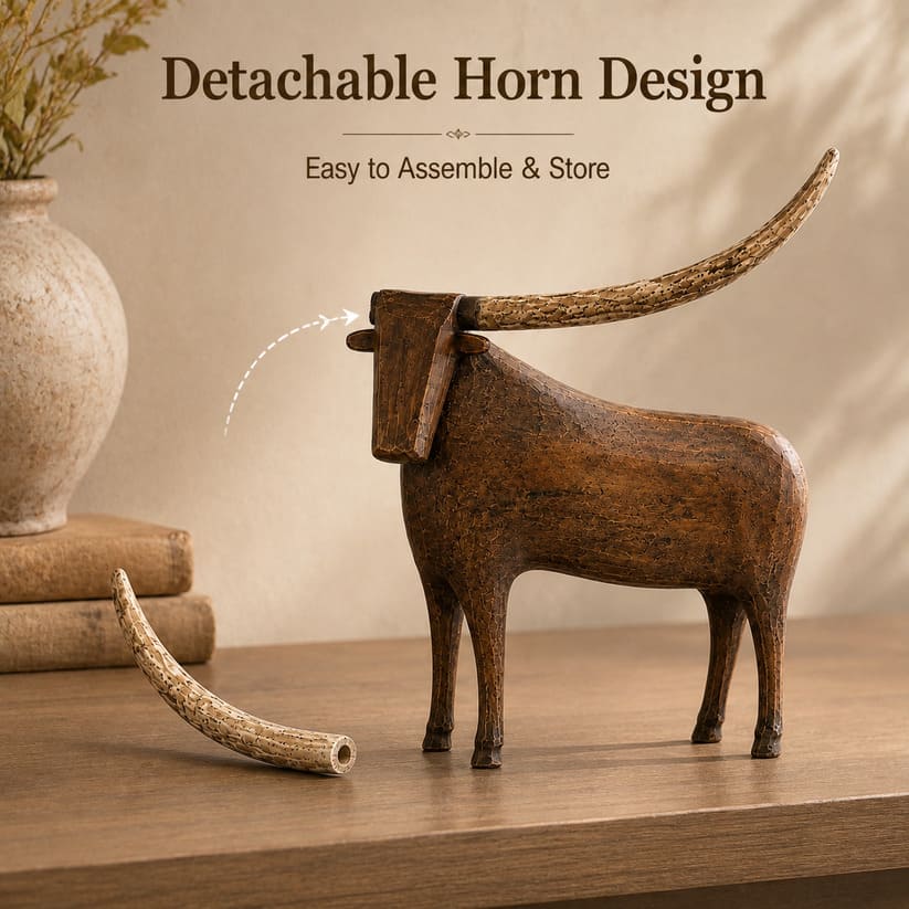 Vintage Longhorn Bull Sculpture With Rustic Wood-Carved Texture