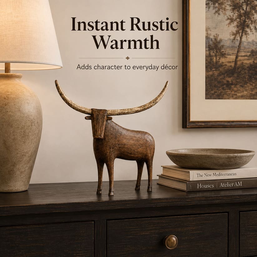 Vintage Longhorn Bull Sculpture With Rustic Wood-Carved Texture