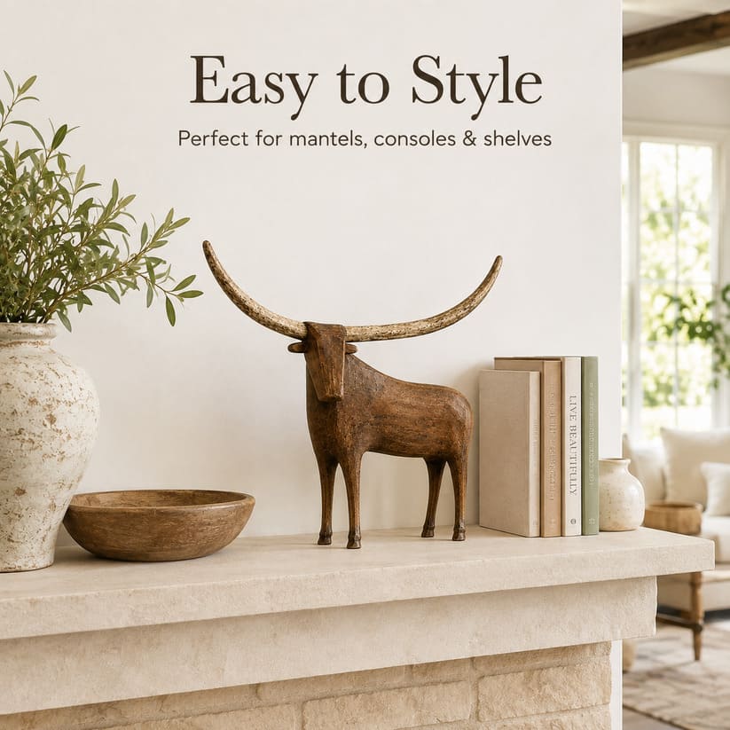 Vintage Longhorn Bull Sculpture With Rustic Wood-Carved Texture