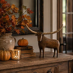 Vintage Longhorn Bull Sculpture With Rustic Wood-Carved Texture