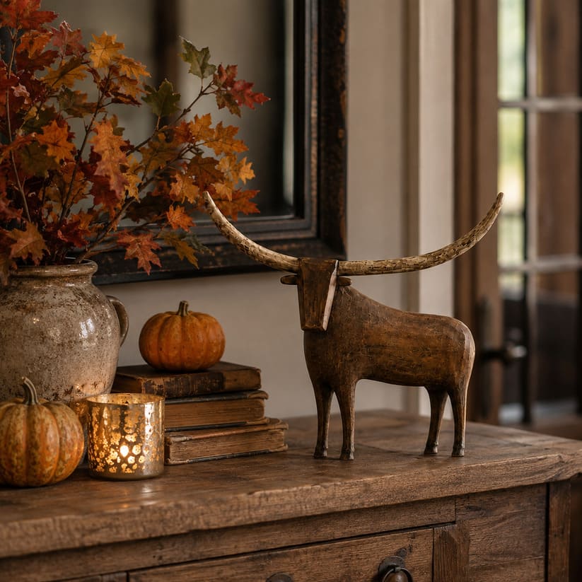 Vintage Longhorn Bull Sculpture With Rustic Wood-Carved Texture