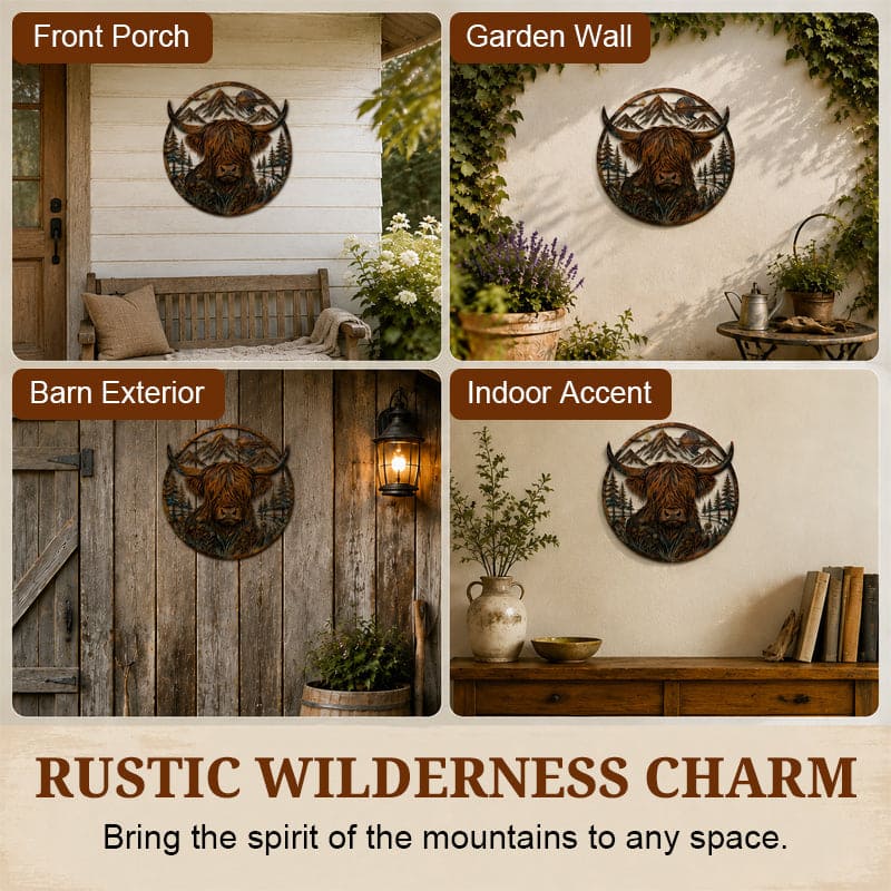 Highland Cow Mountain Scene Metal Wall Art For Rustic Decor