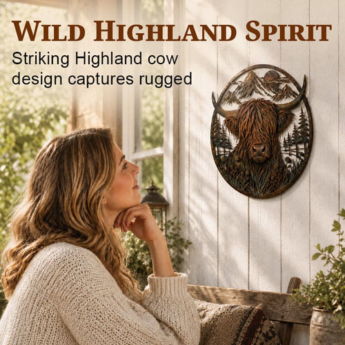 2D Highland Cow Mountain Scene Metal Wall Art For Rustic Decor