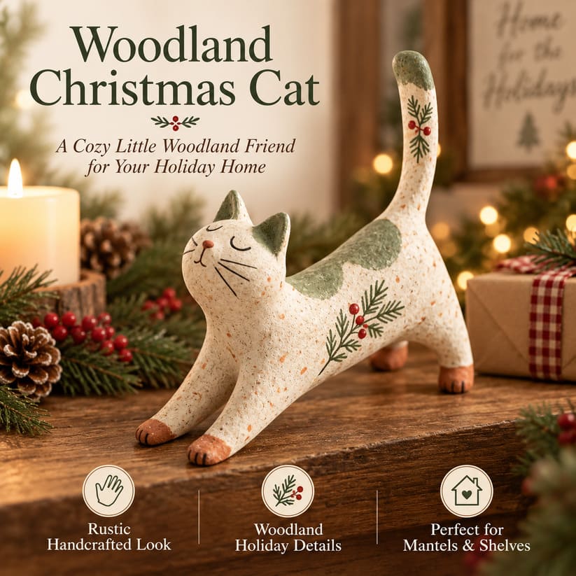 Woodland Christmas Cat Figurine With Rustic Vintage Finish