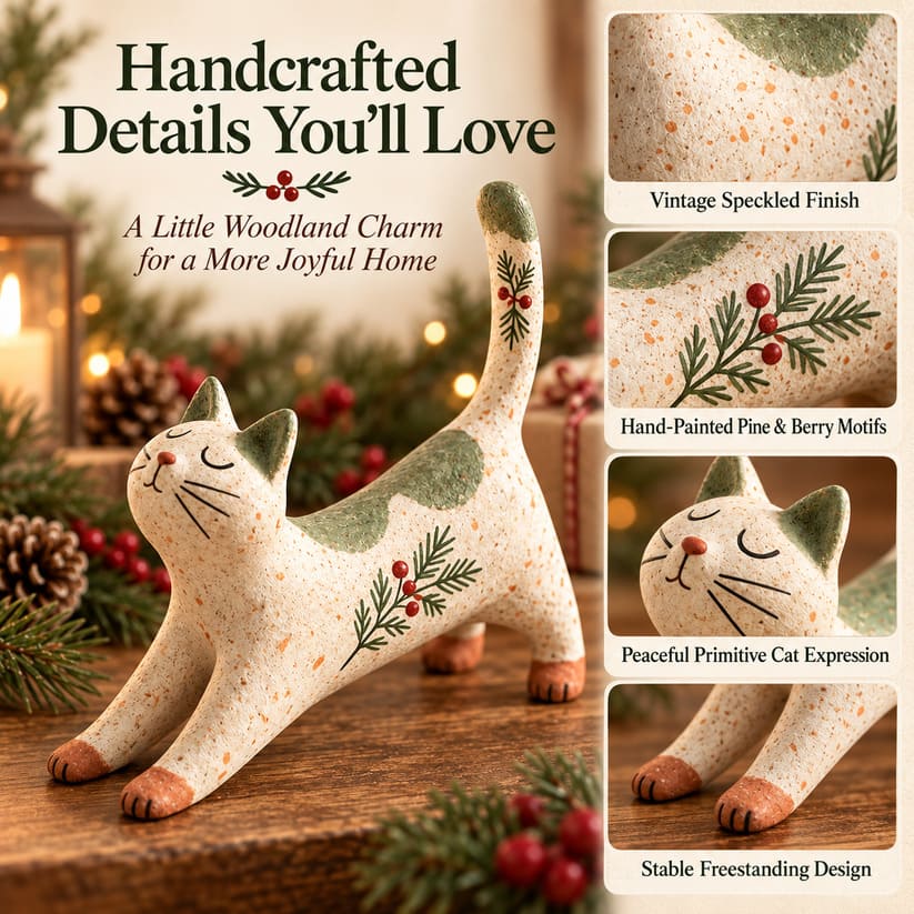 Woodland Christmas Cat Figurine With Rustic Vintage Finish