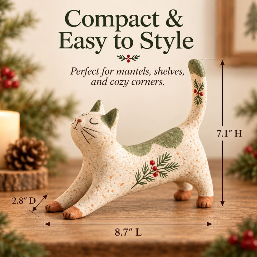 Woodland Christmas Cat Figurine With Rustic Vintage Finish