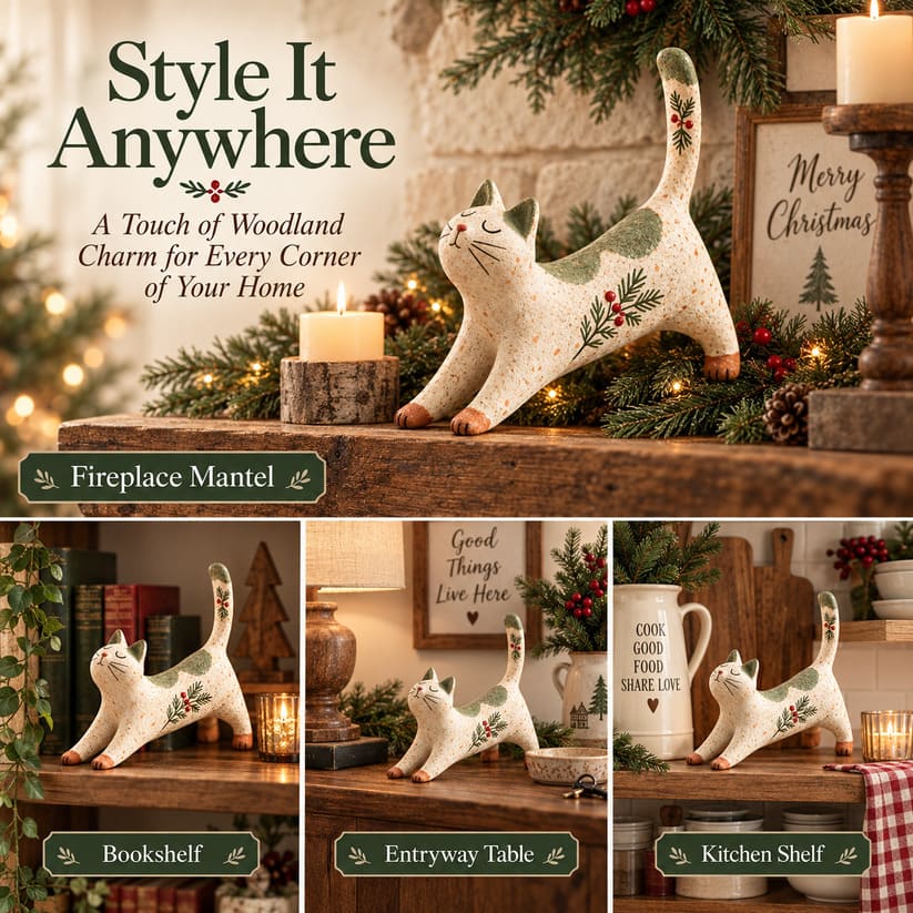 Woodland Christmas Cat Figurine With Rustic Vintage Finish