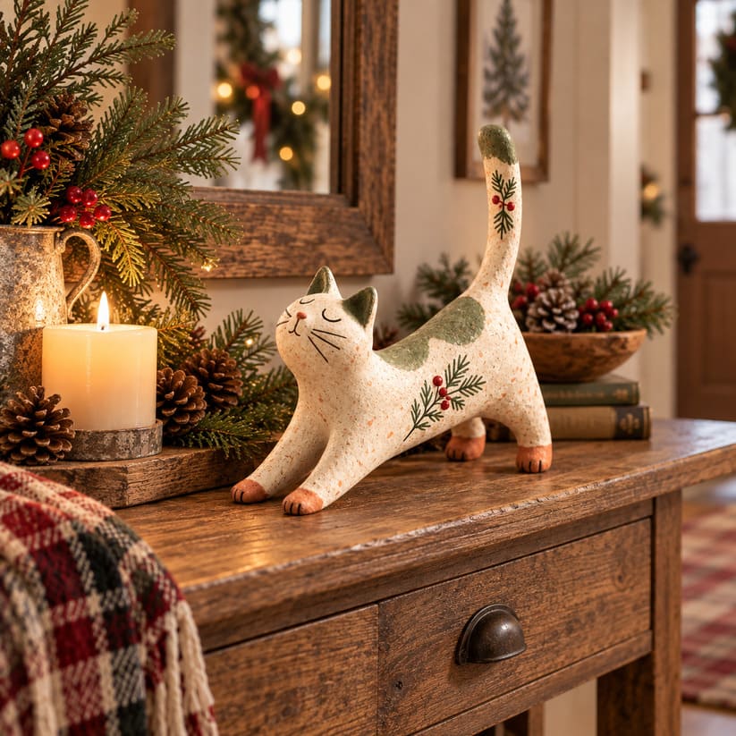 Woodland Christmas Cat Figurine With Rustic Vintage Finish
