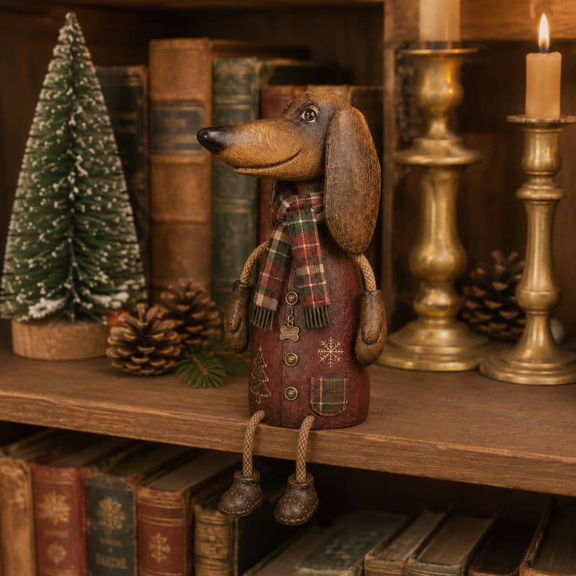 Vintage Christmas Dachshund Shelf Sitter With Plaid Scarf