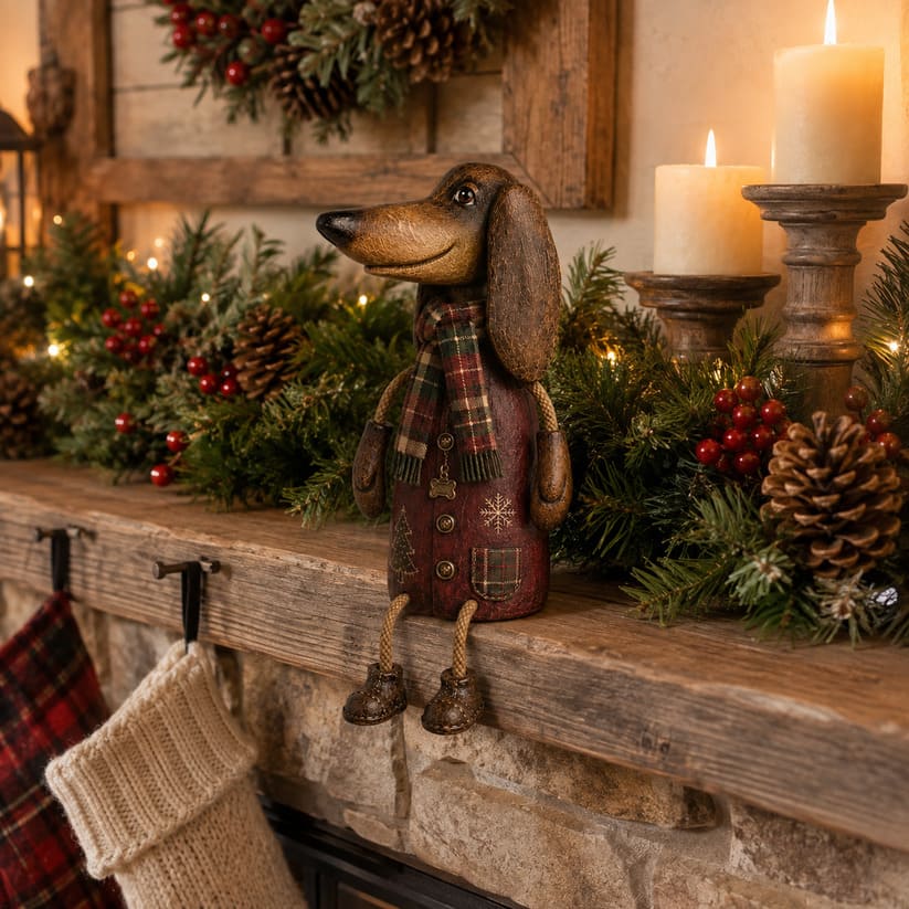 Vintage Christmas Dachshund Shelf Sitter With Plaid Scarf