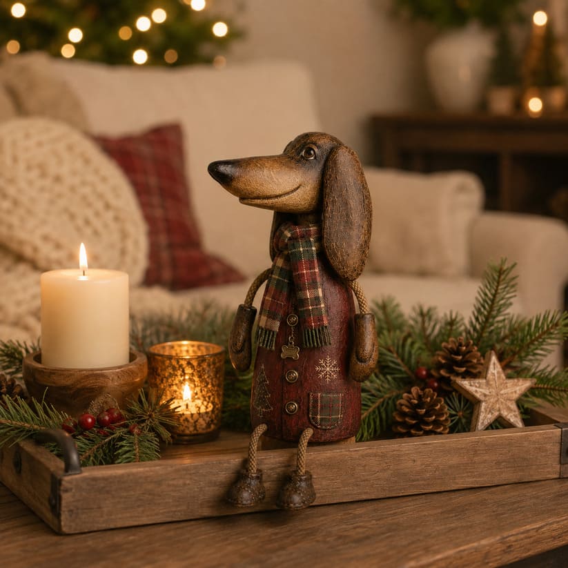 Vintage Christmas Dachshund Shelf Sitter With Plaid Scarf