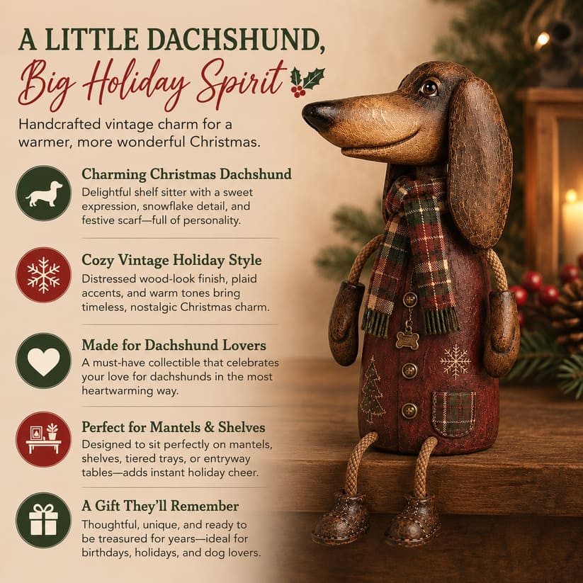 Vintage Christmas Dachshund Shelf Sitter With Plaid Scarf