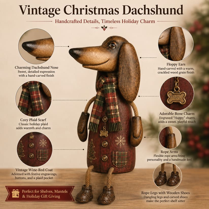 Vintage Christmas Dachshund Shelf Sitter With Plaid Scarf