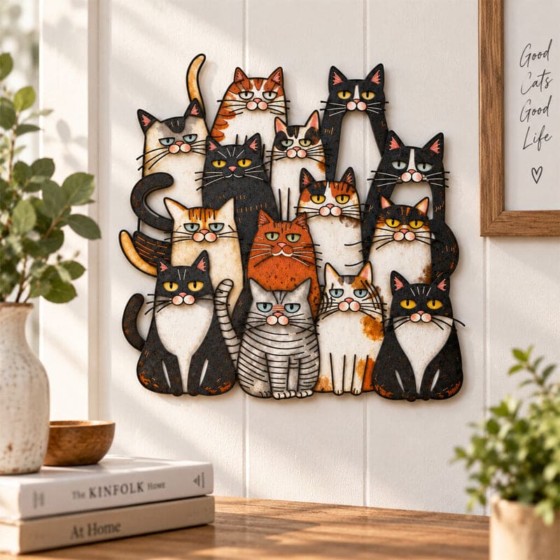 Whimsical Cat Family Metal Wall Art for Indoor & Outdoor Decor