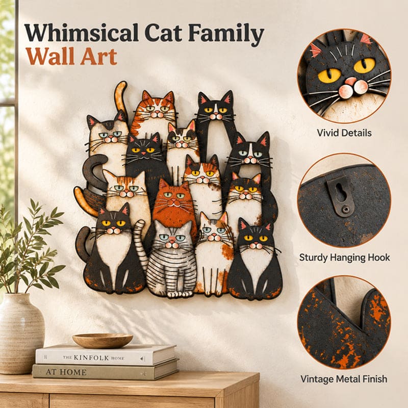 Whimsical Cat Family Metal Wall Art for Indoor & Outdoor Decor