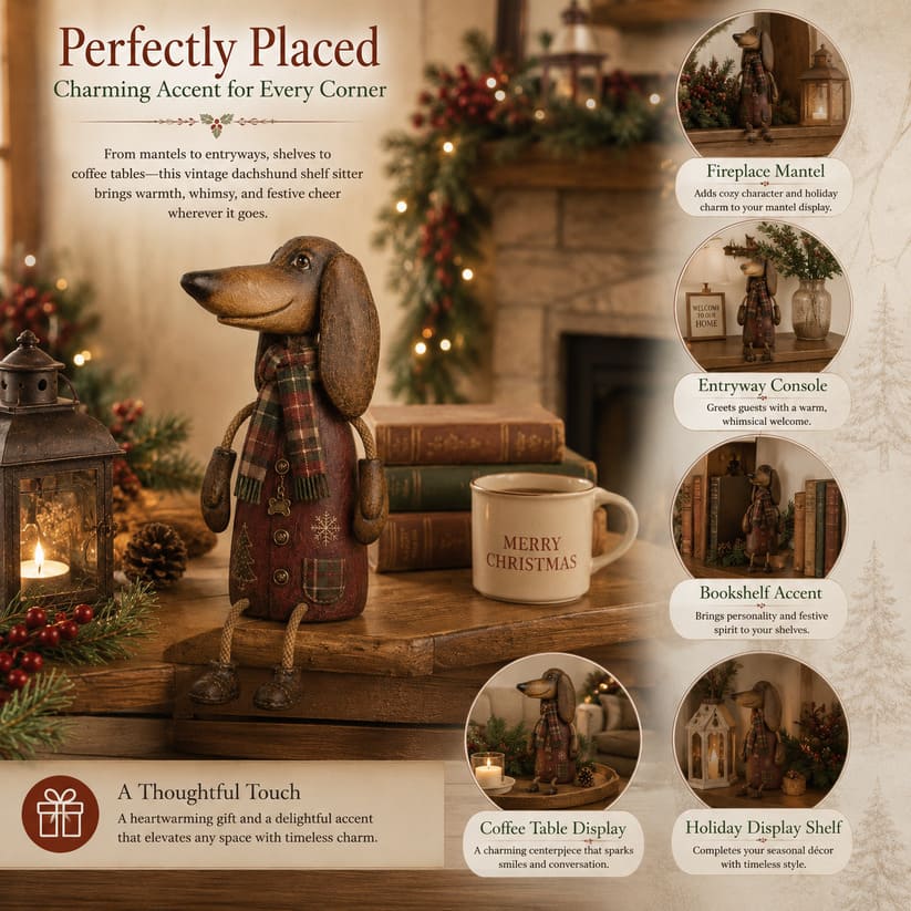 Vintage Christmas Dachshund Shelf Sitter With Plaid Scarf