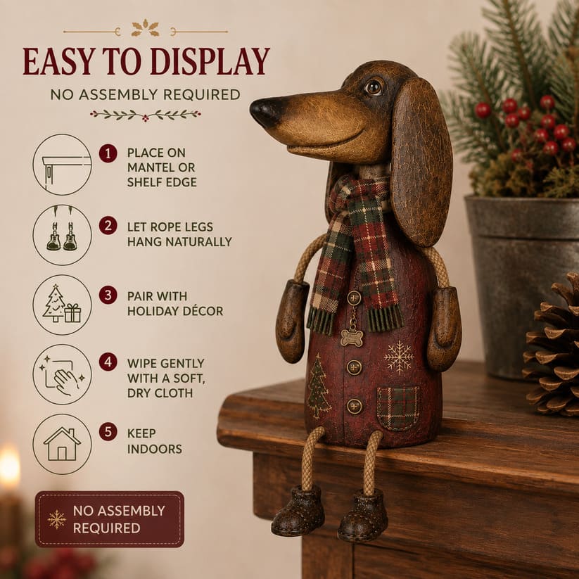 Vintage Christmas Dachshund Shelf Sitter With Plaid Scarf