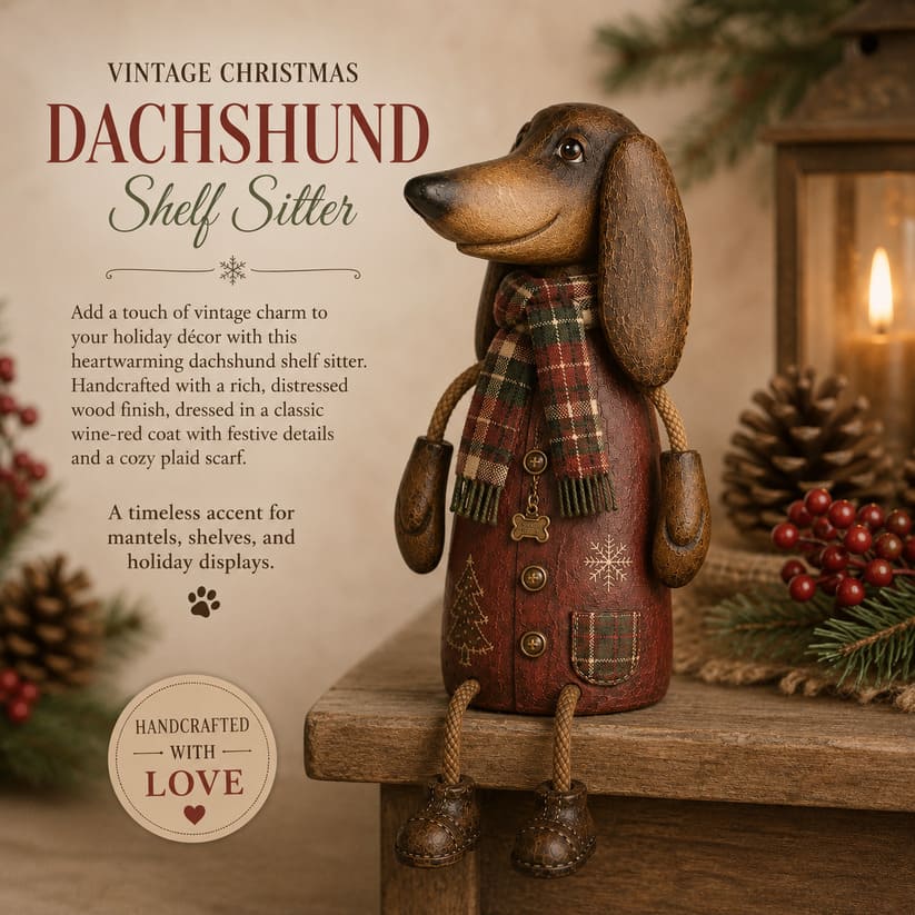 Vintage Christmas Dachshund Shelf Sitter With Plaid Scarf