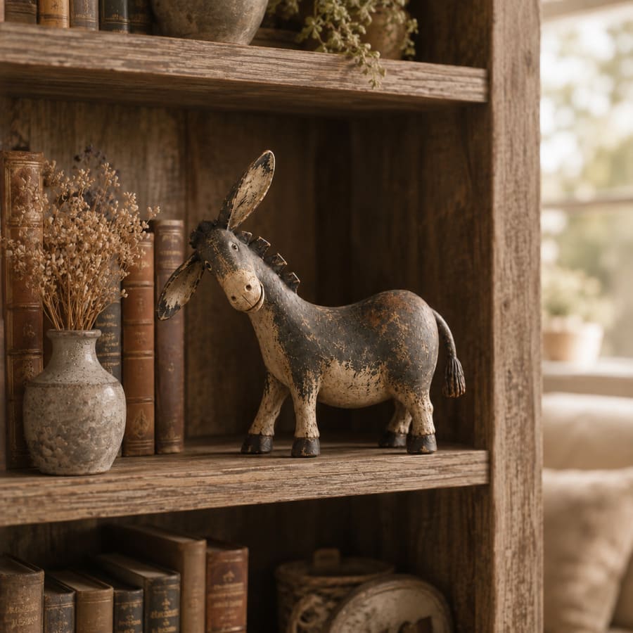 Rustic Donkey Figurine With Distressed Vintage Finish
