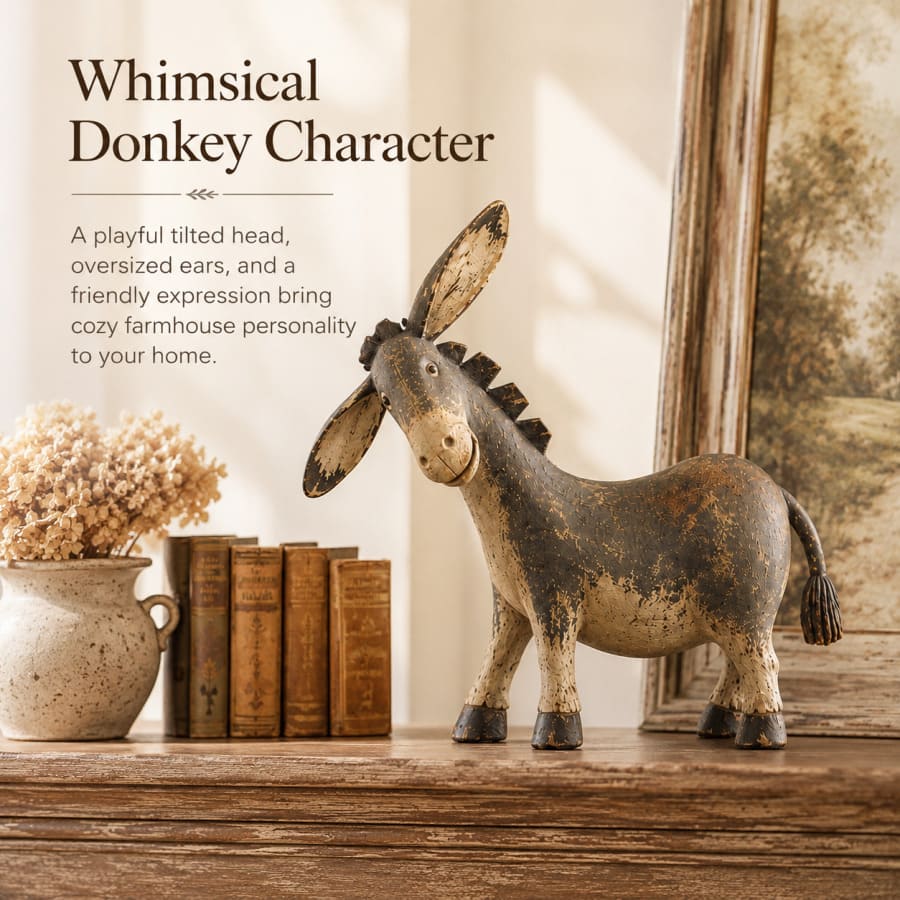 Rustic Donkey Figurine With Distressed Vintage Finish
