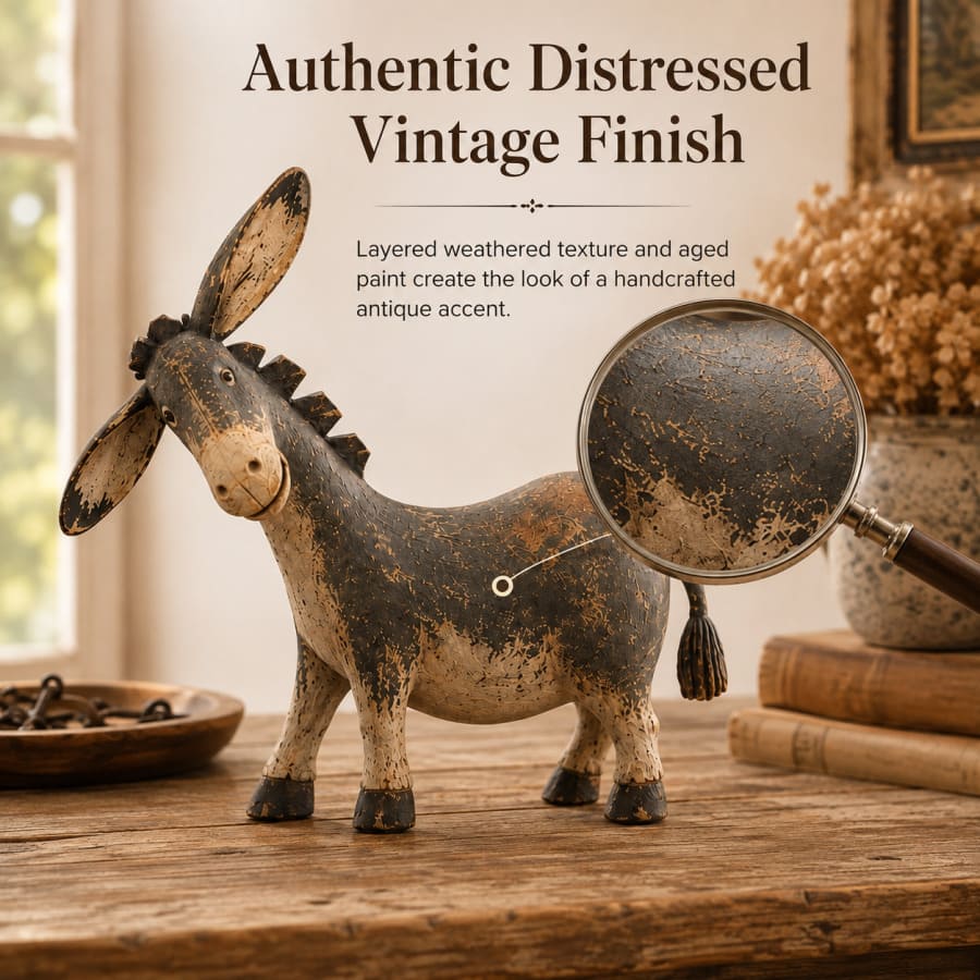 Rustic Donkey Figurine With Distressed Vintage Finish